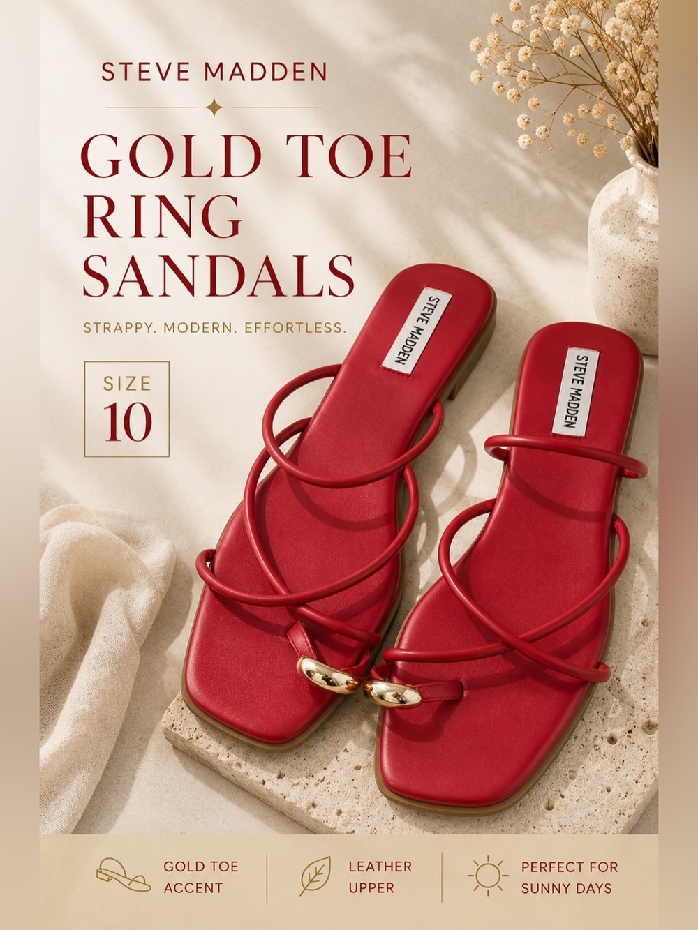 Steve Madden Gold Toe Ring Strappy Flat Sandals Red Size 10